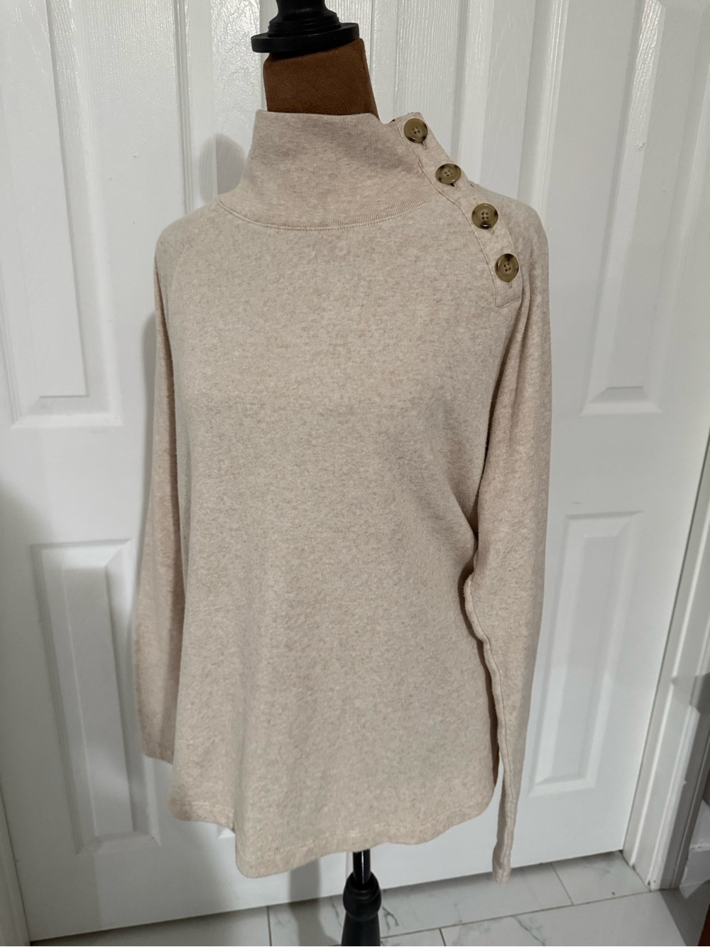 J. Crew Cream Button-Shoulder Mock Neck Sweater